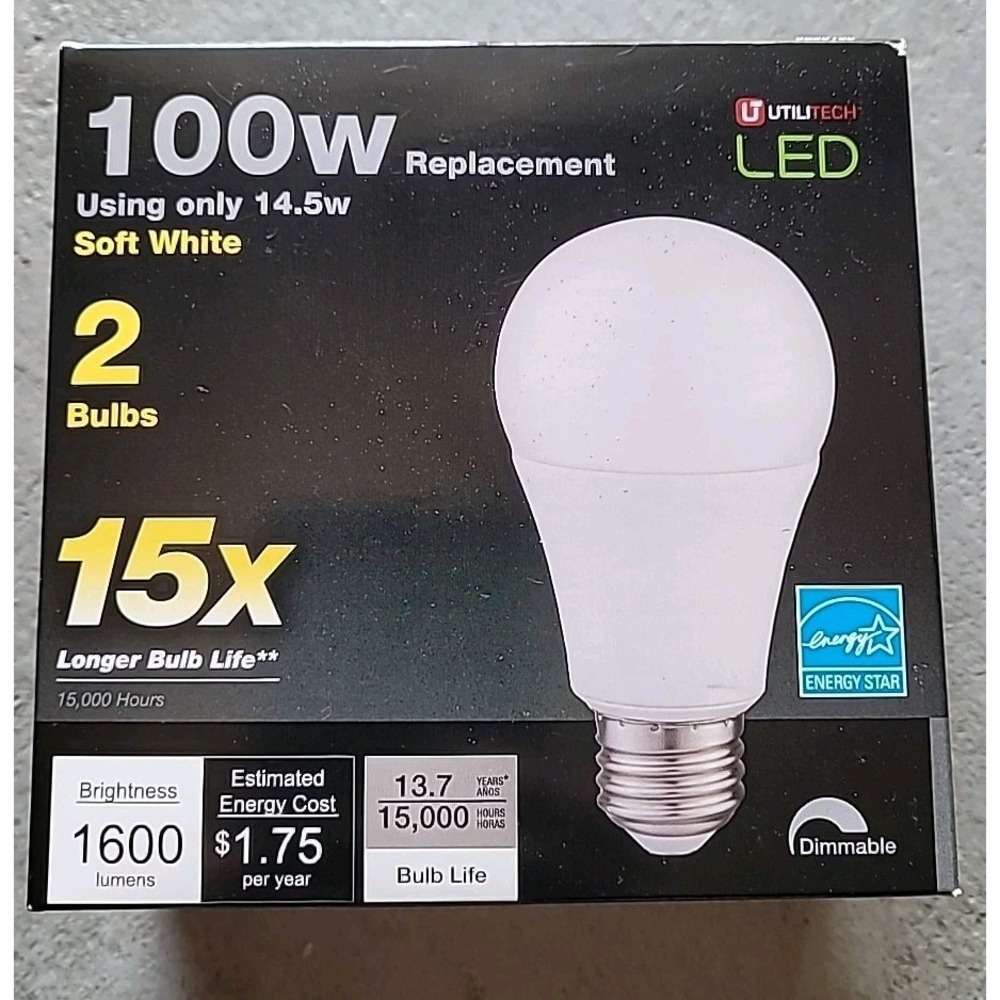 Utilitec LED 100W Soft White 2 Pack Dimmable 1600 Lumens Using 14.5W Light Bulb